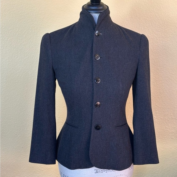 Ralph Lauren Black Label Gray Herringbone Mandarin Collar Wool Blazer Size 4 - Picture 1 of 8